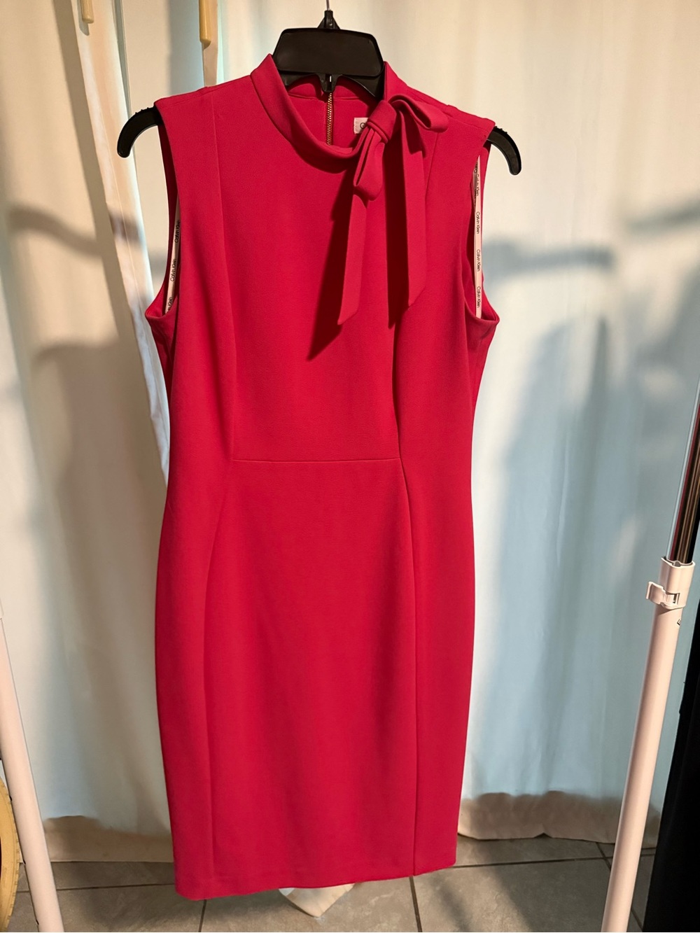 Calvin Klein Sleeveless Hot Pink Tie-Neck Sheath Dress